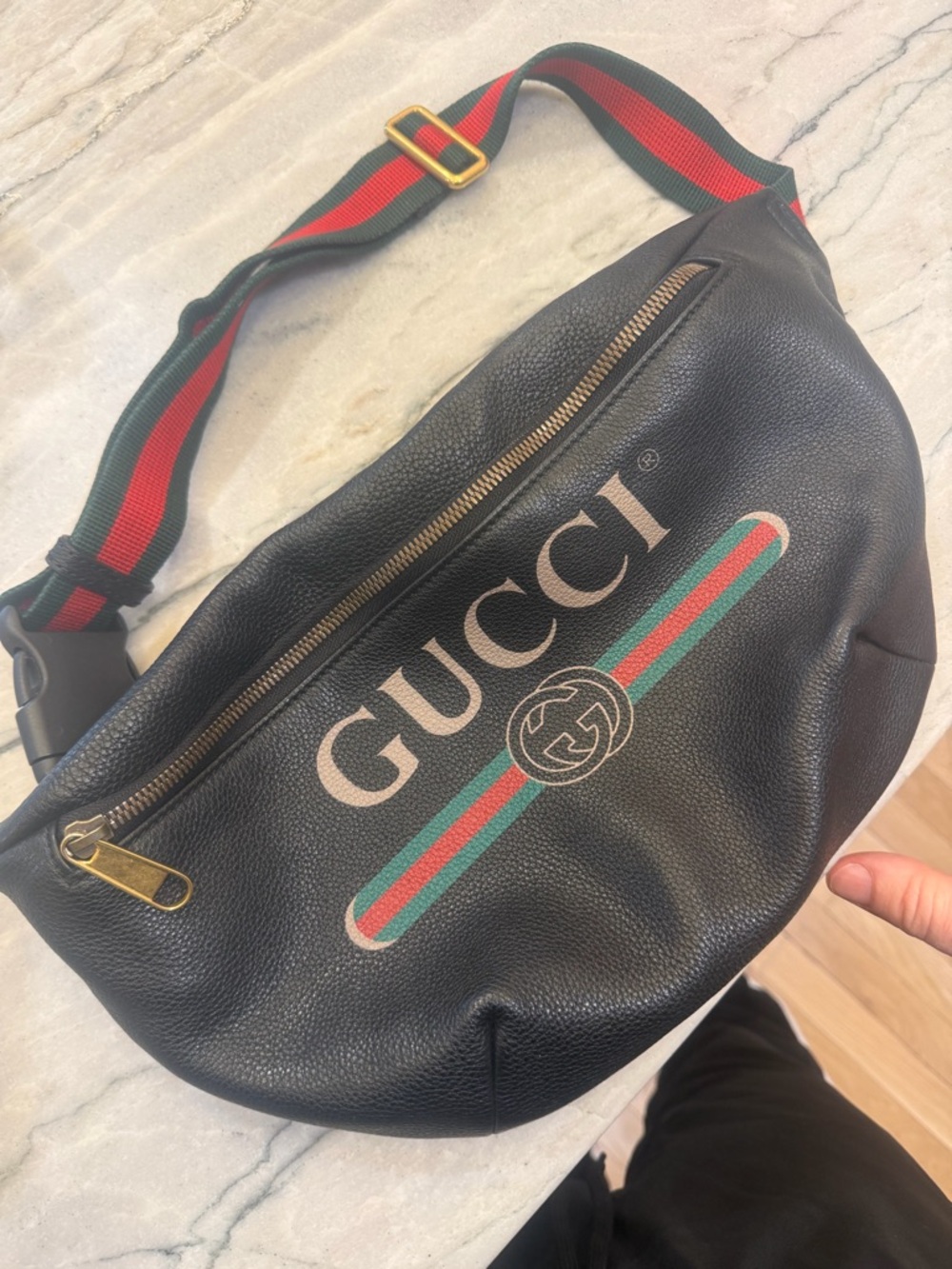Gucci Black Leather Belt Bag with Red and Green Stripe